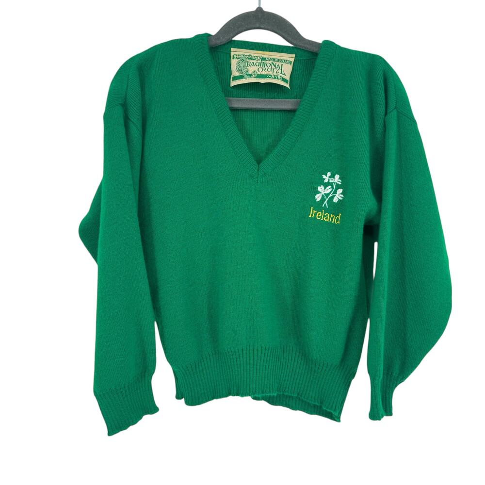 Traditional Craft Irish V Neck Sweater Kids 7-8 Celtic St Pattys Day Green